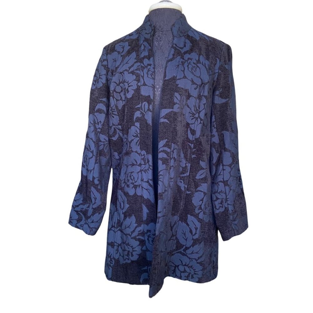 Molly and Max Black and Blue Floral Brocade Long Sleeve Coat Petite Medium